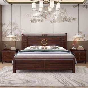 新中式乌金木床轻奢实木现代简约带软靠主卧室1.8米双人床