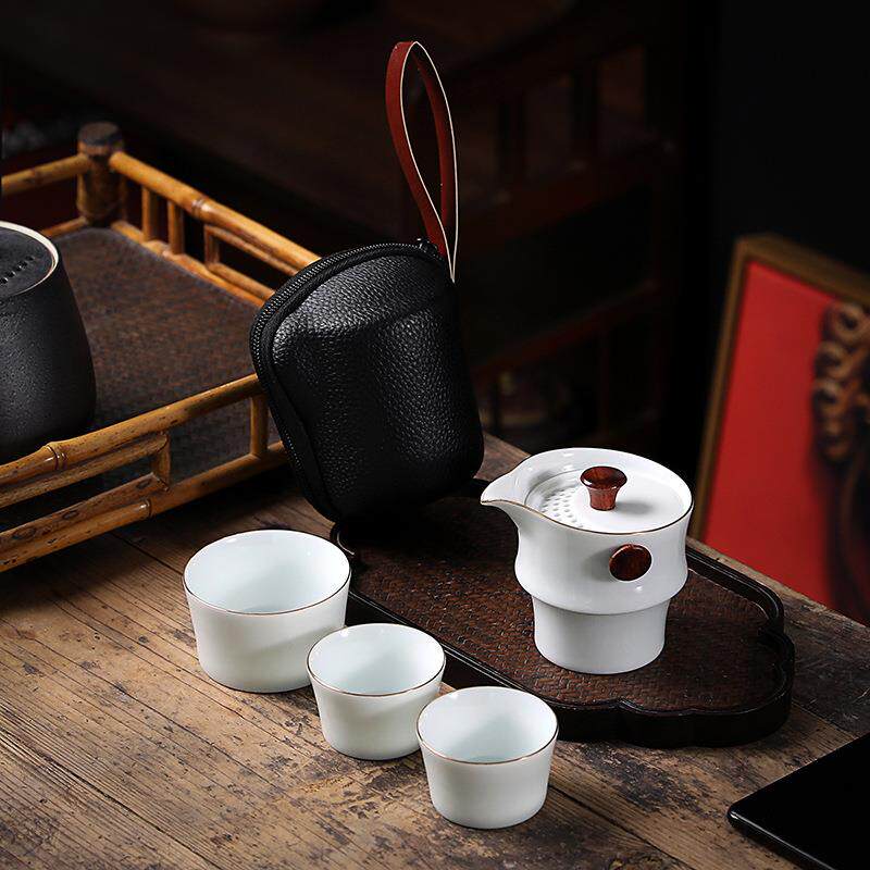 陶瓷旅行茶具一壶三杯便携办公户外主人杯茶具描金创意竹节快客杯