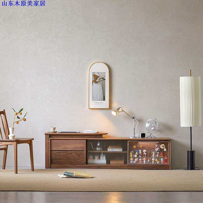 北美黑胡桃木全实木电视柜组合可伸缩落地樱桃木原木小户型视听柜
