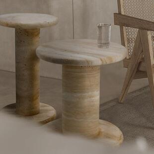 北欧天然黄洞石边几组合设计师简约样板房客厅高低茶几沙发圆几