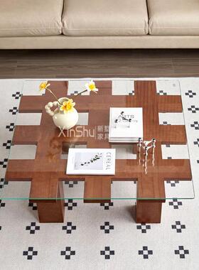 中古复古艺术玻璃茶几意式简约实木诧寂风咖啡桌北欧简约丹麦茶桌