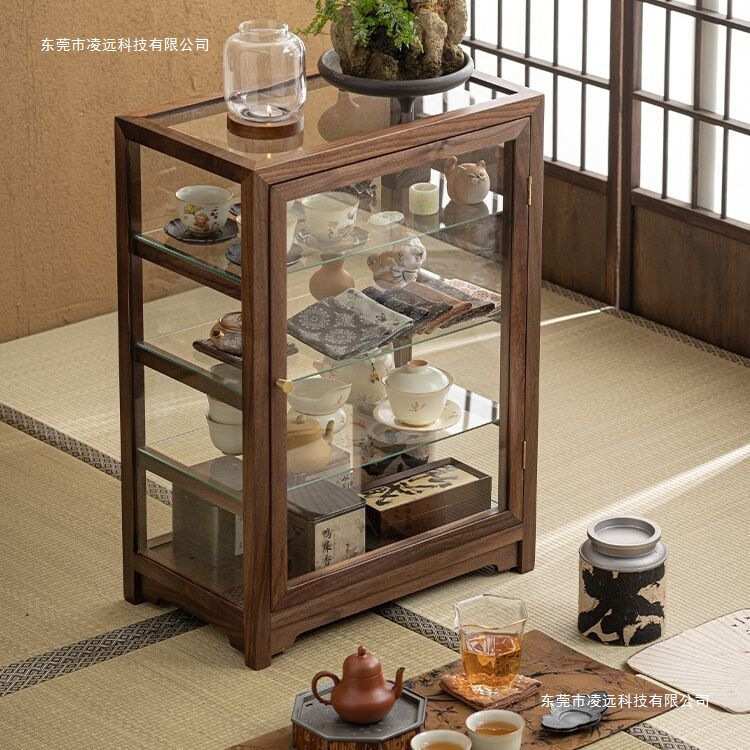 透明玻璃文玩展示柜落地一体胡桃木收纳柜子桌面实木置物柜储物柜