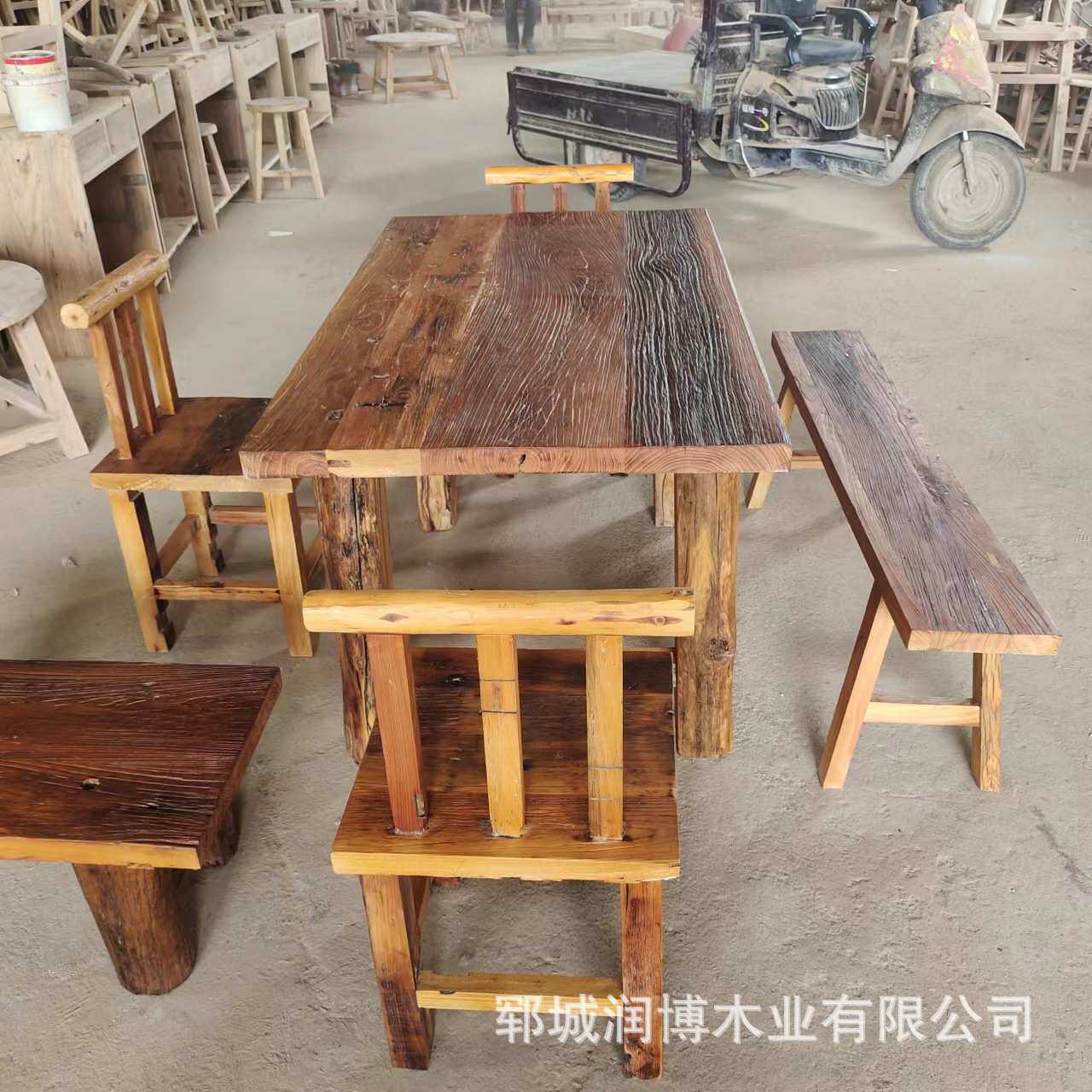 复古餐桌老榆木茶桌组合实木中式椅子旧木板禅意风化门板桌长条凳