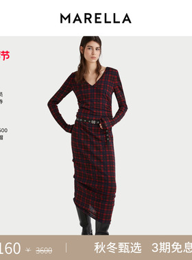 MARELLA 2025秋冬女装修身长袖针织格纹连衣裙长裙3626065402