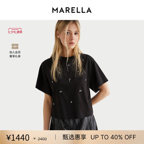 MARELLA 女装 黑色圆领短款纯棉T恤3976025102