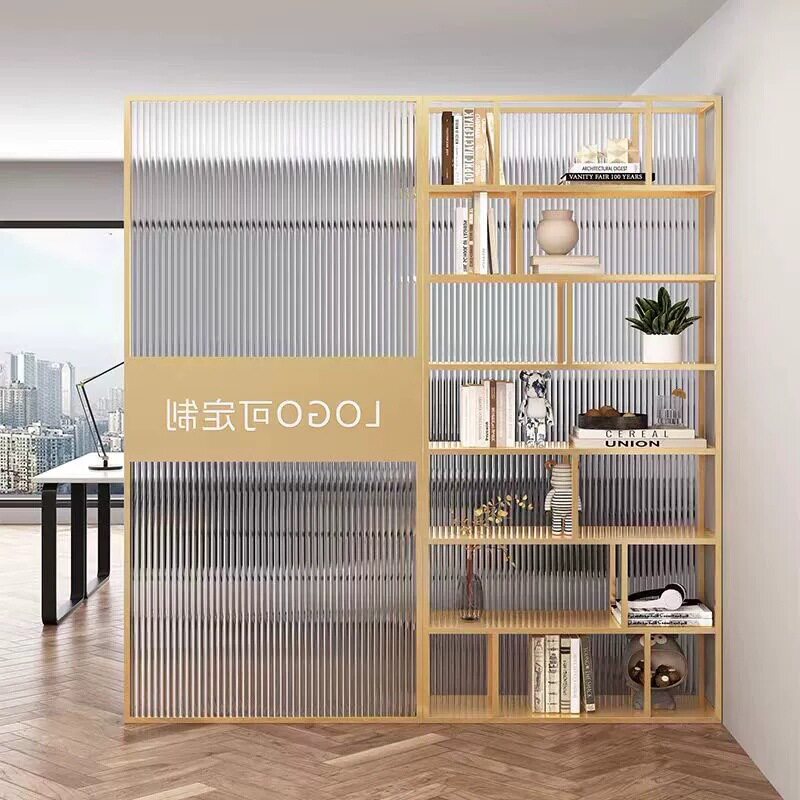 公司进门前台置物架玄关logo形象墙办公室玻璃办公区域屏风隔断墙