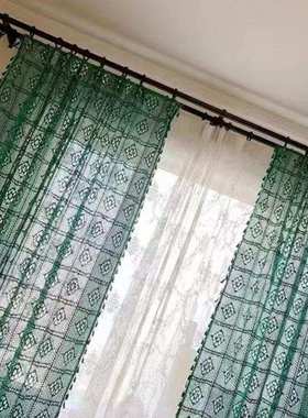 美式窗帘绿色方格成品 棉线编织镂空钩针半遮光阳台飘窗 一件代发