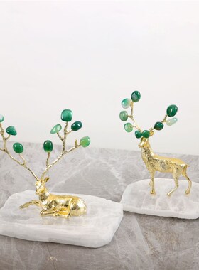 现代轻奢石膏石底座绿色玛瑙鹿摆件客厅电视柜书房桌面家居装饰品
