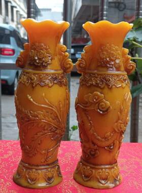 154040厂家居仿寿石龙凤花瓶一对家摆件山仿古树脂瓶龙凤花摆设