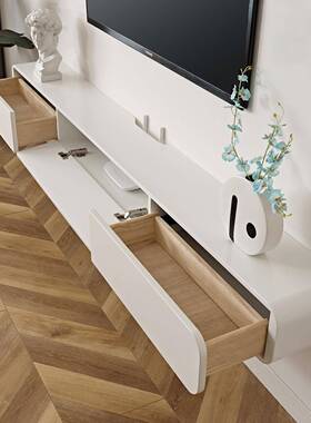 现代简式约小DYJ户型白色奶款油风壁挂悬空实M木电视柜客厅家用窄