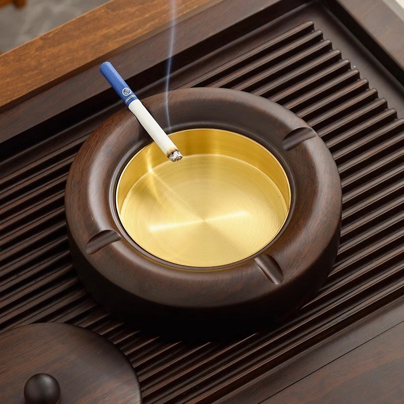 黑檀木烟灰缸实木带盖家用客厅茶几摆件新中式创意个性潮流防水防