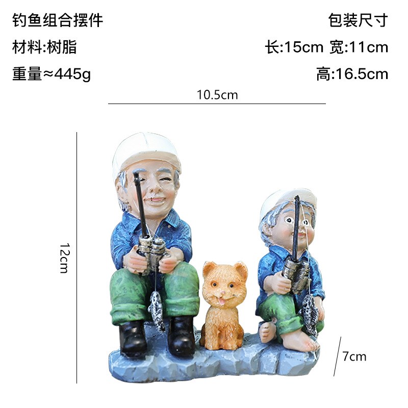 跨境新品父子钓鱼组合摆件微景观水族流水器鱼池假山造景庭院装饰