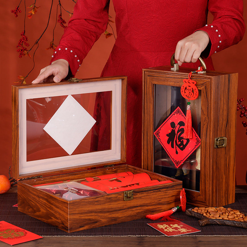新年礼盒空盒子高级手提礼物盒年会礼品包装盒子创意实木红酒礼盒