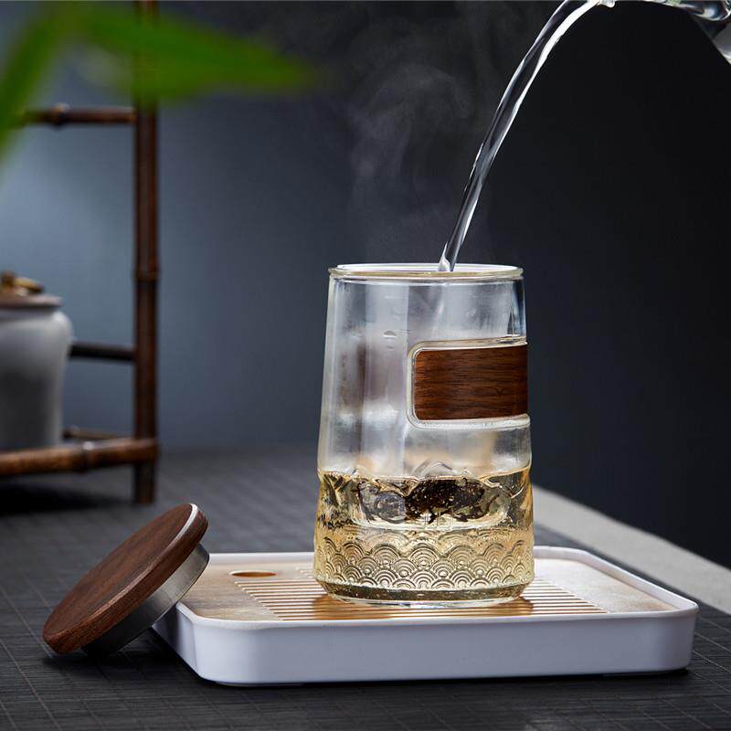 高硼硅中国风玻璃办公茶水分离杯子过滤泡茶杯复古带木盖三件杯