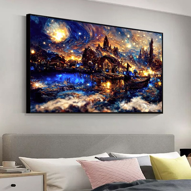 梵高星空下霍格沃兹城堡钻石画满钻新款儿童粘钻十字绣砖石贴钻画