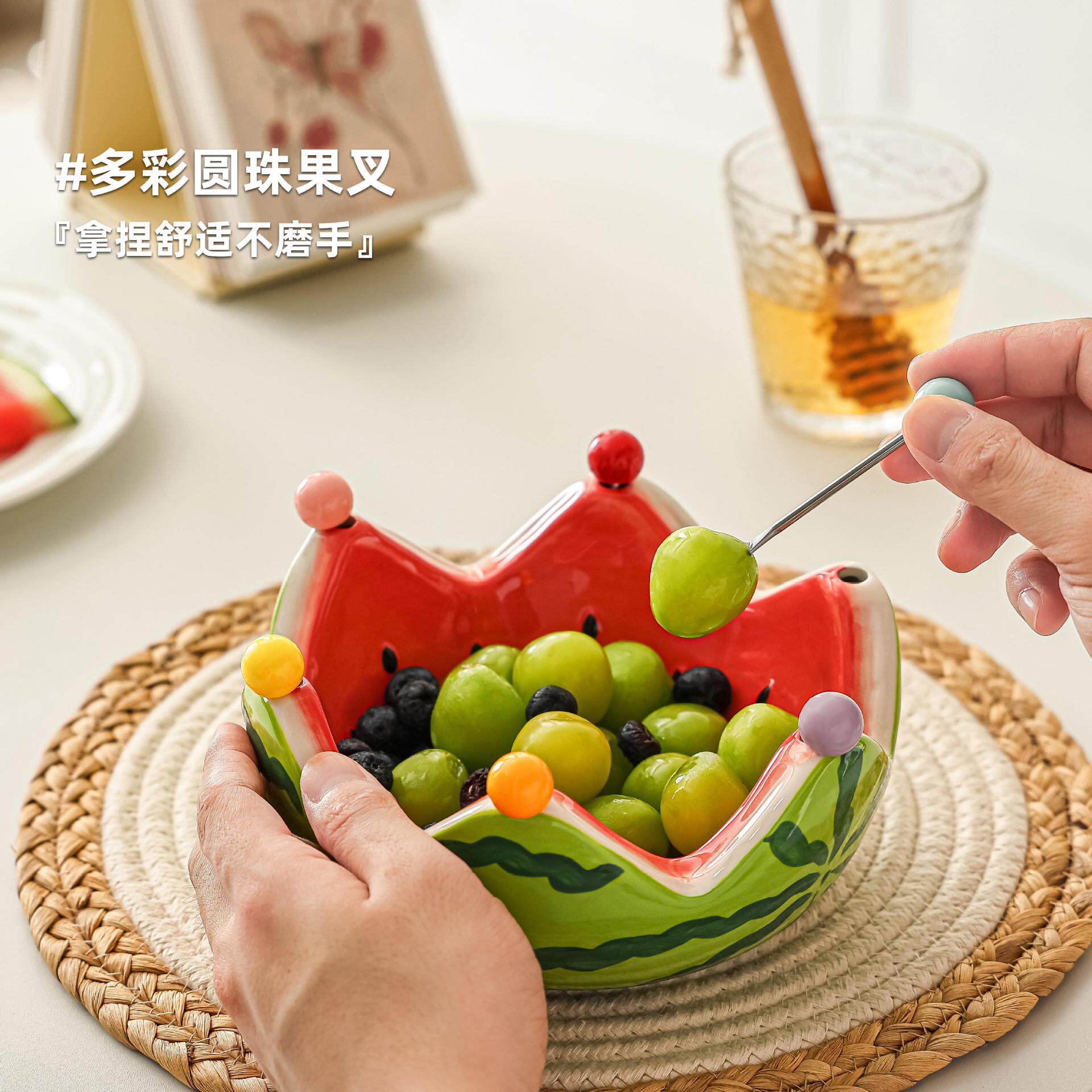 西瓜水果盘创意陶瓷水果叉套装家用客厅多巴胺果签甜品叉可爱摆件