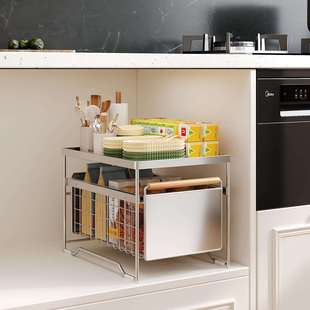 不锈钢厨房橱柜拉篮家用下水槽置物架多功能碗碟调料收纳抽拉架子