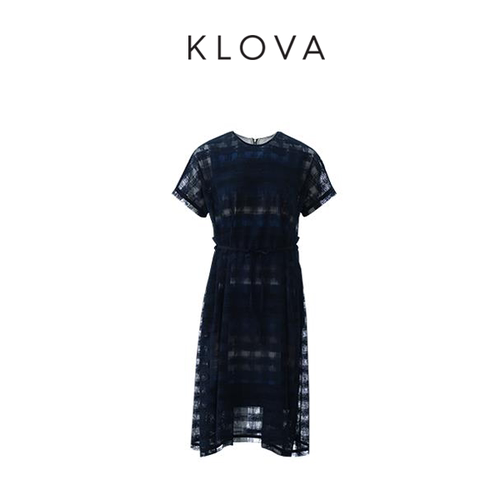 【KLOVA】夏季青黛蓝可颂格纹连衣裙【H】LT4743(UN)