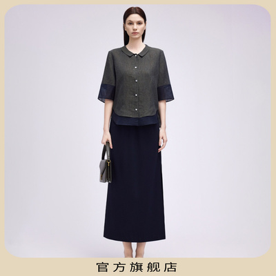 麻感宽松落肩分袖衬衫