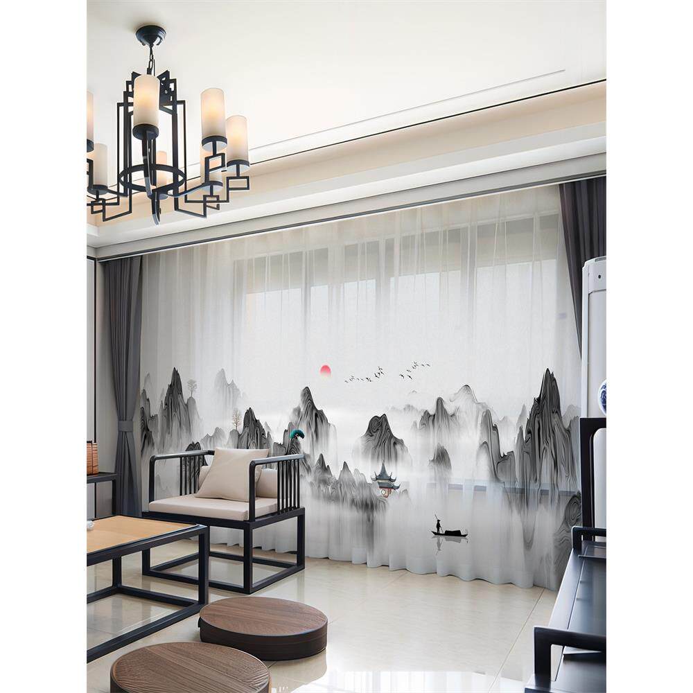 2025新中式窗帘禅意茶室客厅中国风古典水墨山水画透光不透人纱帘
