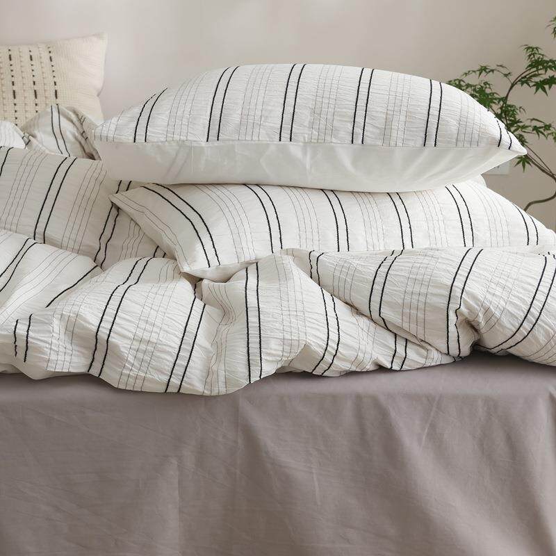 色织水洗皱皱纱提花全棉四件套简约条纹撞色纯棉被套床单床笠1.8