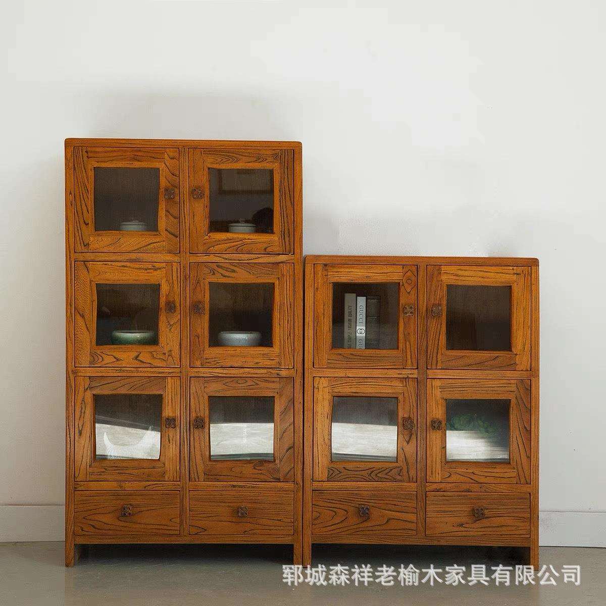 老榆木玻璃柜家用客厅靠墙储物柜复古双开收纳柜茶具展示柜六格柜