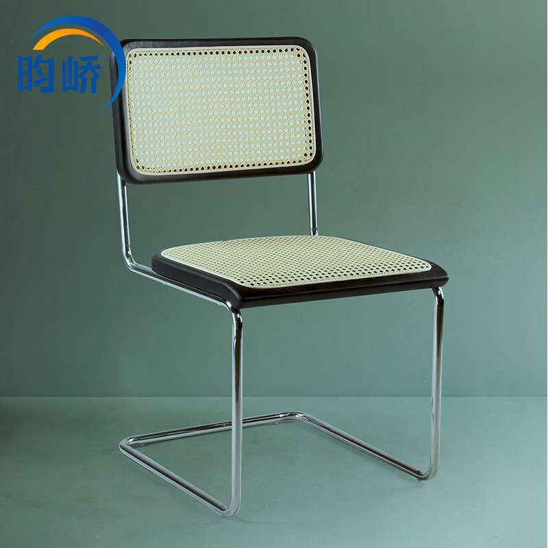 昀峤家具B32Chair中古风不锈钢椅子简约现代实木编藤皮艺餐椅皮革