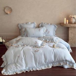 全棉法式 双层纱皱皱纱四件套浪漫郁金香刺绣被罩柔软亲肤床上用品