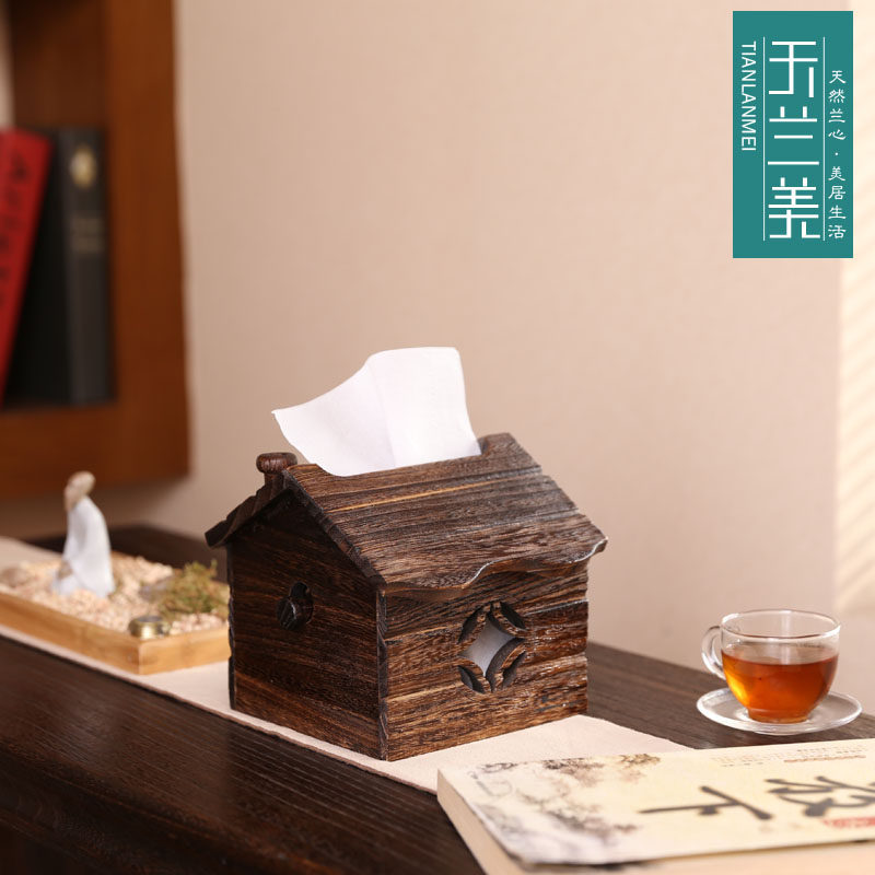家用创意实木质纸巾盒 客厅圆形卷纸纸巾筒 复古餐厅长方形抽纸盒