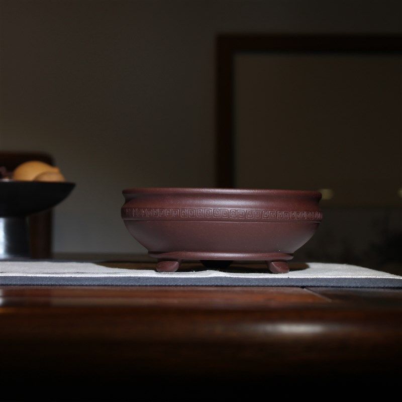 三足回纹圈线浅圆盆 宜兴盆景花卉多肉肉球菖蒲桌面紫砂花盆