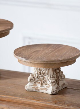 Powkhome欧式复古做旧装饰摆件蛋糕甜品点心实木托盘桌面陈列道具