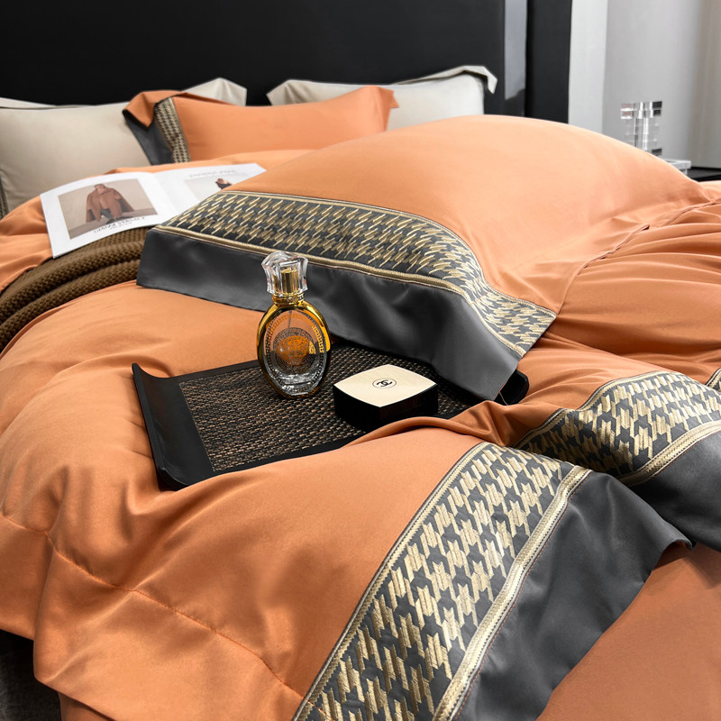 高级感爱马橙100支冰丝床单四件套轻奢简约刺绣床上天丝被套床笠4