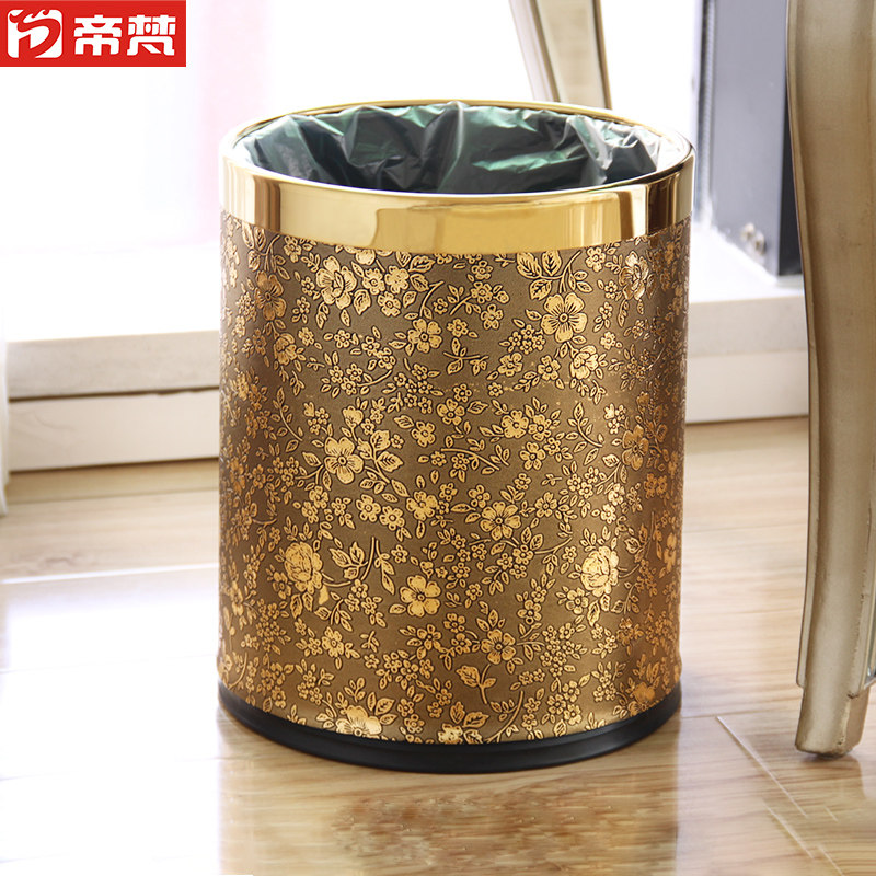 创意欧式中式垃圾桶家用卧室客厅皮革大号无盖厨房复古金属筒带盖