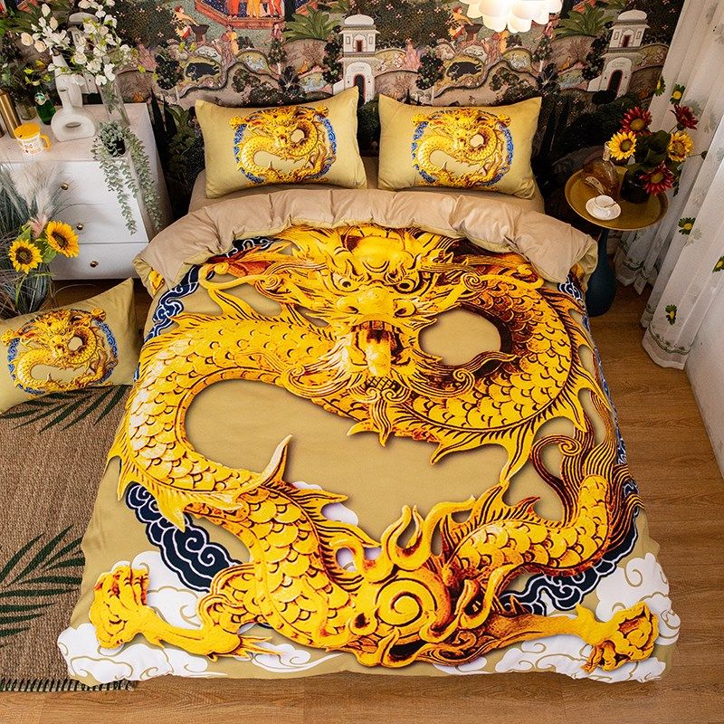 创意个性龙图腾磨毛聚酯纤维床单龙年本命年四件套蓄热保暖床笠床