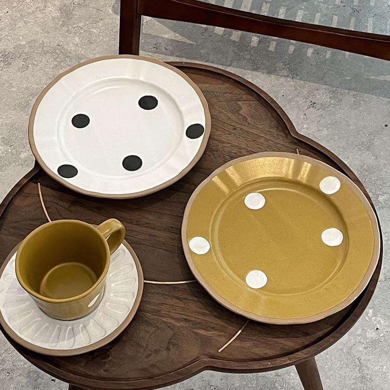 创意粗陶轻食餐盘波点西餐盘子甜品装饰盘咖啡厅西餐厅盘子