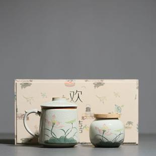 手绘荷花办公室泡茶杯茶水分离陶瓷带盖杯子女士个人专用精致水杯
