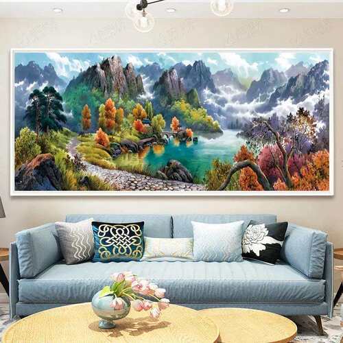 蒙娜丽莎十字绣2023新款线绣客厅聚宝盆国画山水画风水自己绣手工