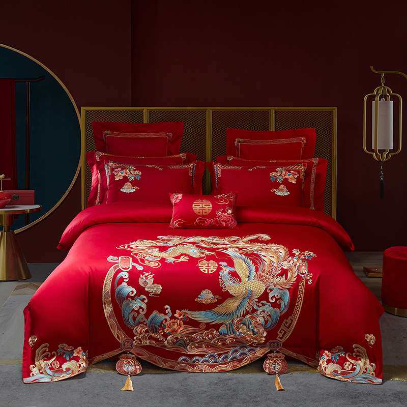 热销 婚庆四件套全棉大红色结婚床上用品十件套100支龙凤刺绣被套