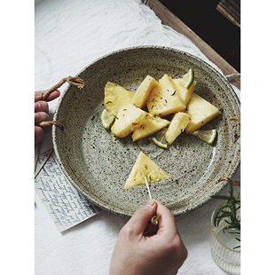 复古麻绳双耳盘创意粗陶深盘家用菜汤盘日料盘沙拉水果盘甜品盘子