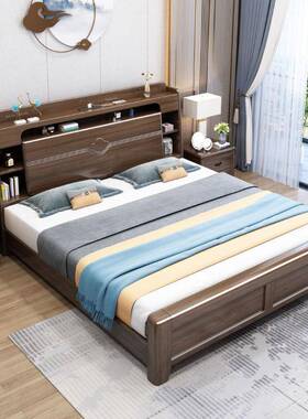 胡桃物木实木床1.8米双人床新式1中5m单人021实木床主卧.家具高箱