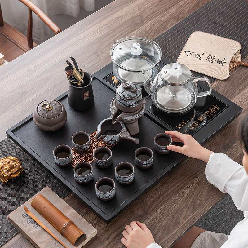 乌金石茶盘全自动家用紫砂茶具套装功夫底部上水烧水壶一体茶台