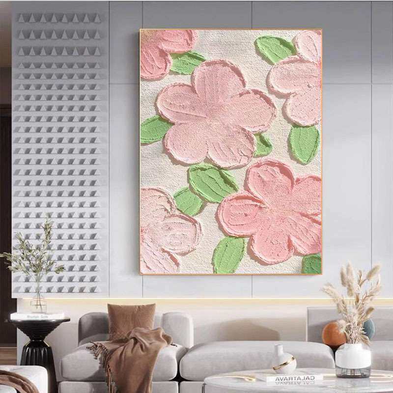 手绘油画奶油风客厅玄关装饰画卧室花卉立体石英砂肌理粉色多巴胺