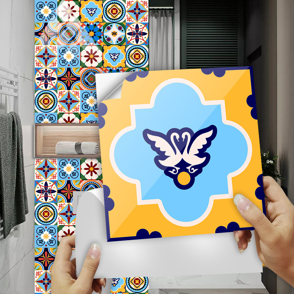 彩色花朵花瓣菱形地面墙面瓷砖贴厨房餐厅自粘PVC墙贴纸拼贴装饰