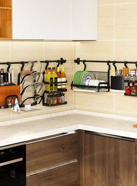 锈不色钢厨房置物架壁挂式免打孔PDD20479黑沥纳水篮碗碟架收架调