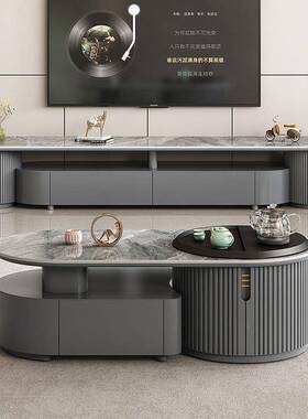 代柜轻奢家岩XRT板茶台客厅烧水多功用能伸缩实木功夫茶几电现视