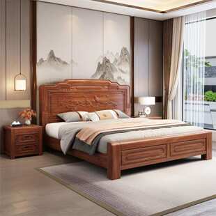 金花梨木全实木床1.8米1.5米双人仿古雕花主卧大床中式菠萝格QDF