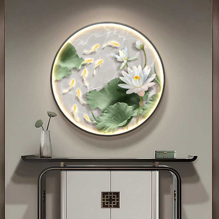 现代简约九鱼图玄关装饰画客厅入户门荷花壁灯画走廊过道圆形挂画
