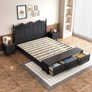 美式复古风实木床黑色双人婚床中古风大床储物床主卧现代简约大床