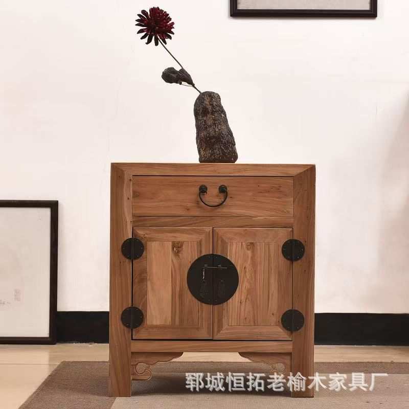 老榆木床头柜新中式床边柜原木家用方形边柜榆木收纳柜矮柜