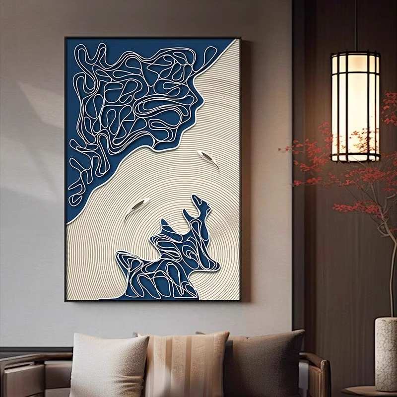 蓝白抽象线条餐厅挂画简约新中式玄关装饰画设计师款现代轻奢壁画